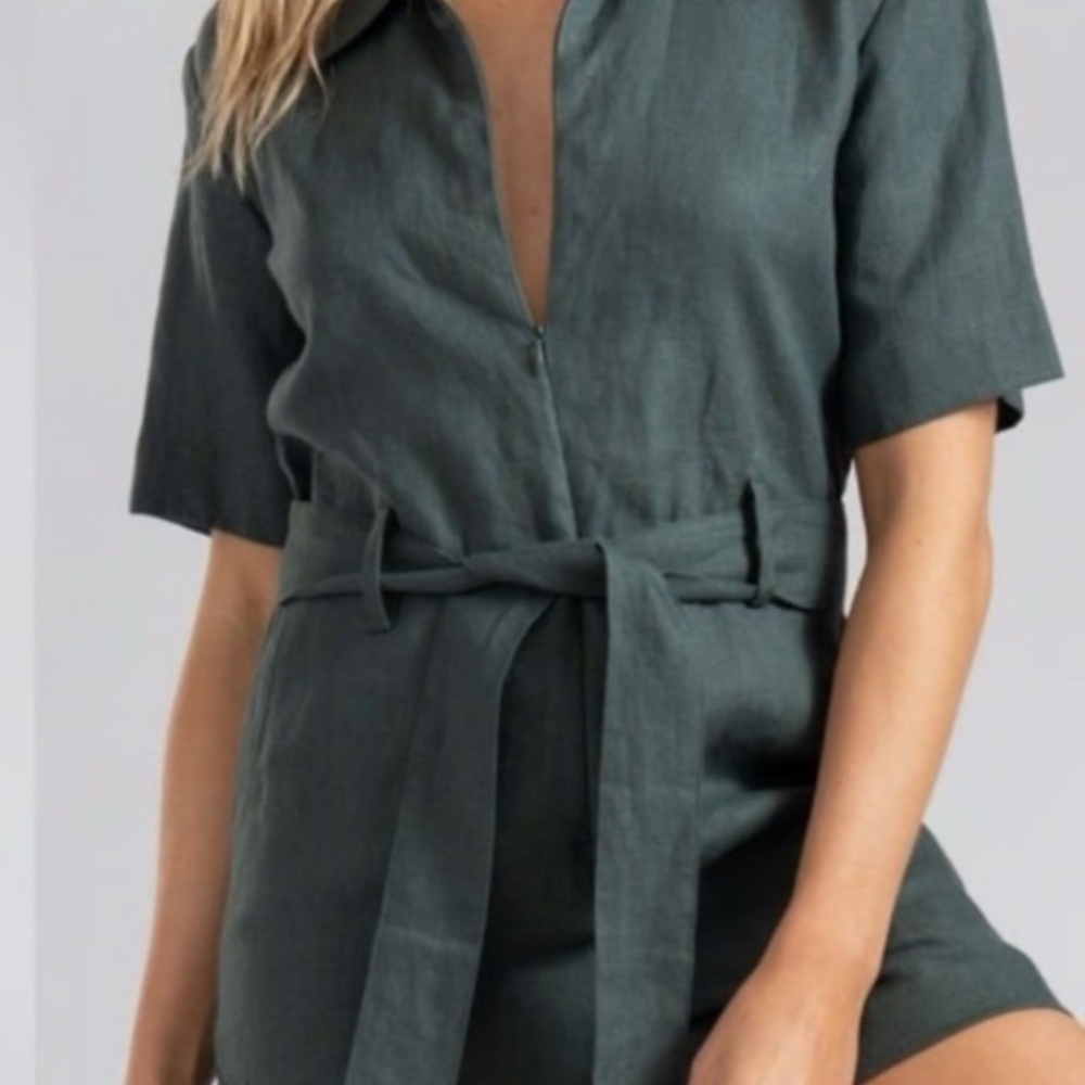 RIVET: Green Linen Short Sleeve Romper